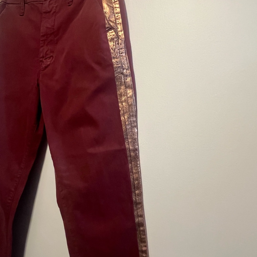 MOTHER The Shaker Metallic-Stripe Cropped Frayed Merlot Sporty Luxe Style Pants - Picture 10 of 16